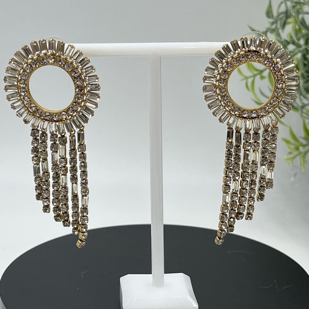 J. Crew Baguette Crystals Sunburst Dangle
Fringe Silver Tone Rhinestone Earrings